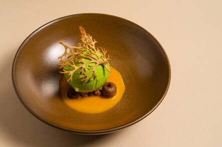 Petersilieneis mit Haselnuss und Rüebli-Sud - Peter Prüfer (Chefkoch) Appenzeller Huus (Bären und Löwen in Gonten) zu Besuch bei Beda Rempfler und seinen Angus-Rindern- 06/2023 - Copyright Olivia Pulver