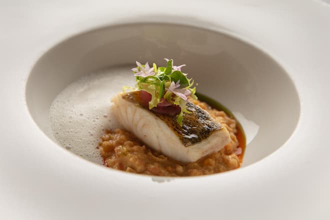 Mit Kick: Gebratener Zander mit Zitronengrasschaum, Kafirlimetten & Chiliöl.