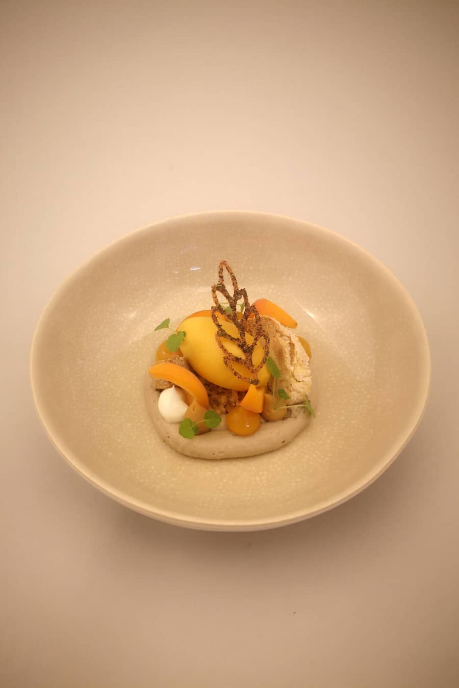 Dessert Aprikose I Mandel I Rosmarin Gerichte für die Nespresso Gourmet Weeks 2023, Chef Corentin Rérat, Restaurant Repas, Biel, BE