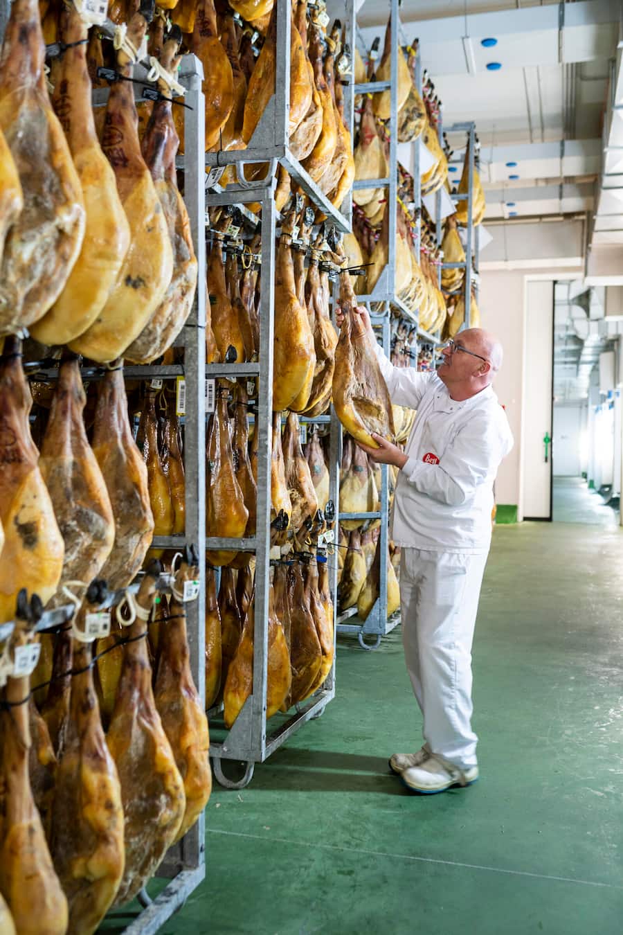 Iberico Schinkenfabrik in Azuaga, Extremadura, Reifekammern von reiferen Ibericoschinken