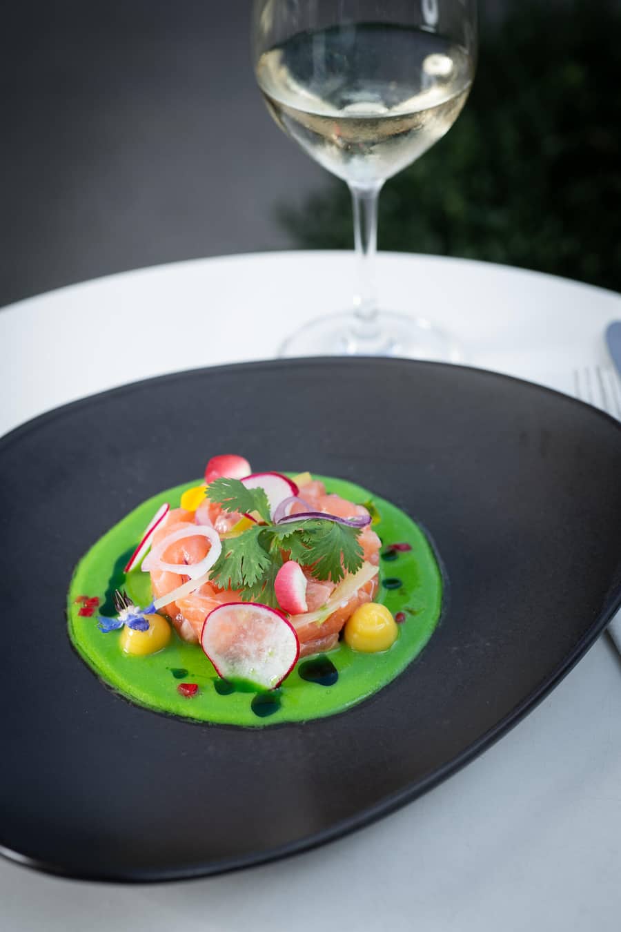 Frühlings-Ceviche Tigermilch, Koriander, Chili und rote Zwiebeln mit Swiss Lachs