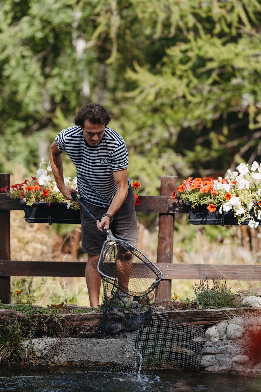 Martial Chanton fischt Regenbogenforellen aus dem eigenen Forellenteich - Restaurant Alm - Zermatt - Sommer 2024 - Copyright Olivia Pulver